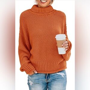 Women's 2024 Long Sleeve Turtleneck Loose Chunky Knitted Pullover Sweater Rust